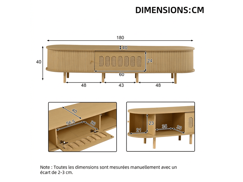  Meuble tv 180 cm ovale bois clair rotin - 5 compartiments portes coulissantes  - Conforama C