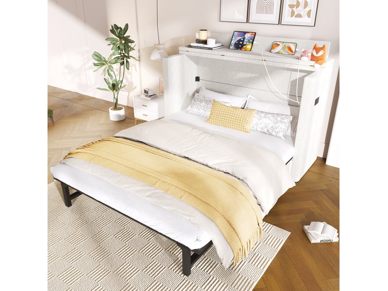  Lit escamotable 140 x 200 cm avec tiroir, ports usb et usb-c, beige en lin et mdf  - Conforama D