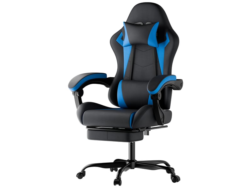  Chaise de bureau avec dossier inclinable, repose-pieds et accoudoirs synchronisés en pvc noir et bleu  - Conforama A