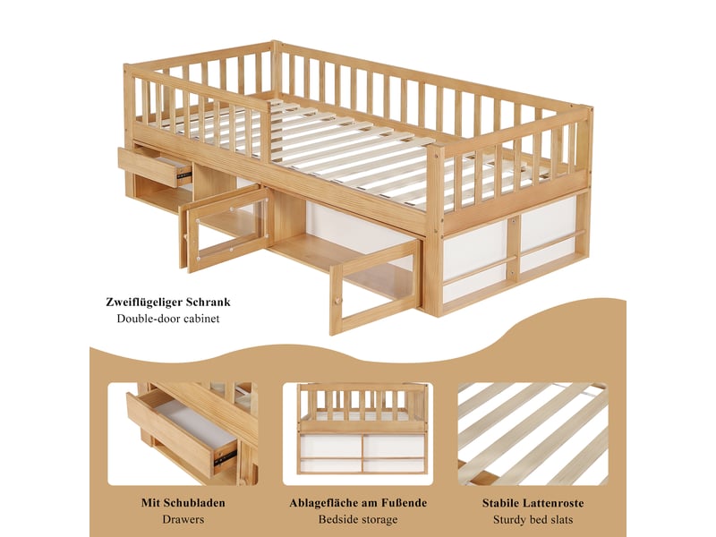 Lit enfant,90x200 cm,avec rangement et barrières de sécurité,coloris naturel - Conforama E