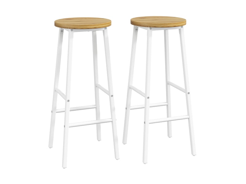  Tabouret de bar réglable avec double repose-pieds et pieds ajustables, assise effet bois, en métal blanc  - Conforama A