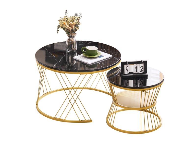  Table basse gigogne ronde, lot de 2 tables d'appoint, effet marbre noir brillant, structure en métal  - Conforama W