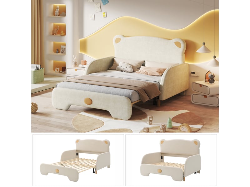  Lit enfant rembourré 140x200 cm en velours avec lit gigogne 140x105 cm, tête de lit ours, bords de protection doux - beige  - Conforama E