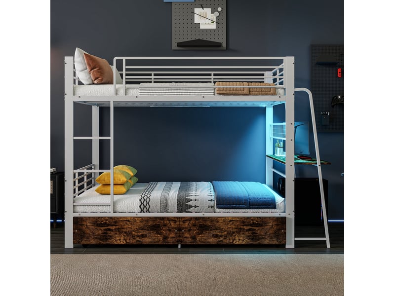  Lit superposé 140x200 cm avec bureau, led et 2 tiroirs blanc et noyer  - Conforama E