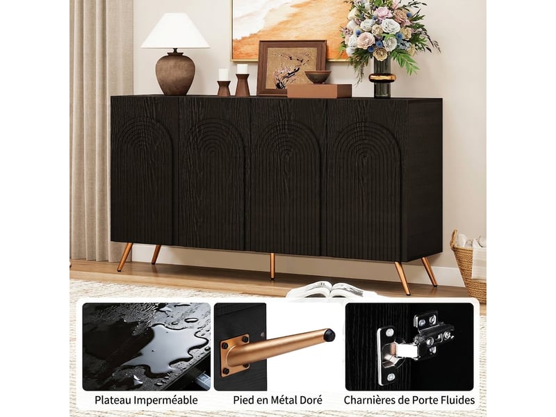  Buffet noir style mid-century avec portes arquées, 150 cm, pieds en métal doré  - Conforama E