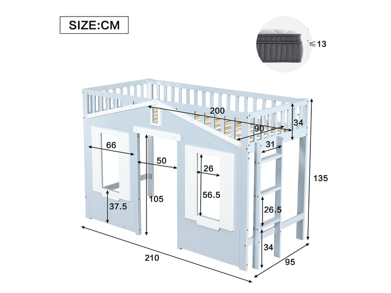  Lit mezzanine enfant 90x200 cm avec escalier réversible et fenêtre décorative, bois et mdf, bleu et blanc  - Conforama C