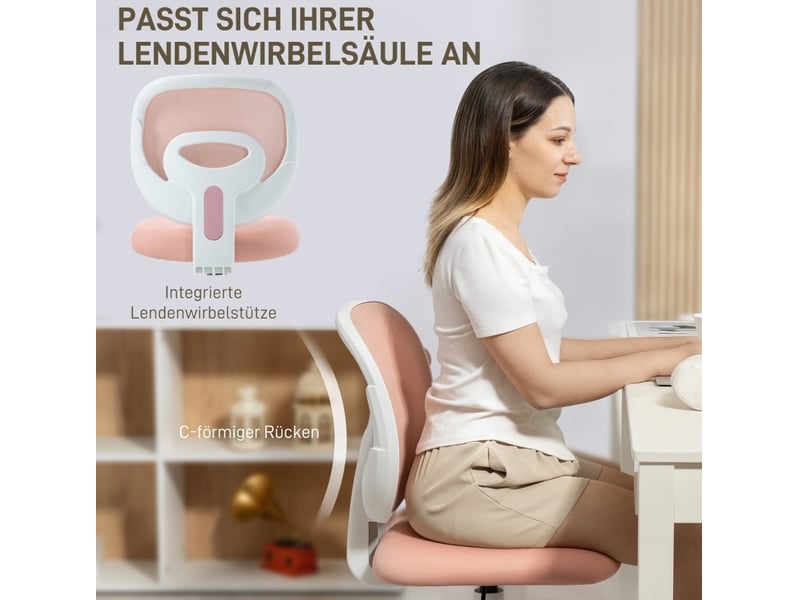  Chaise de bureau rose à dossier en maille, hauteur réglable et rotation 360°, idéale pour le travail ou les études  - Conforama E
