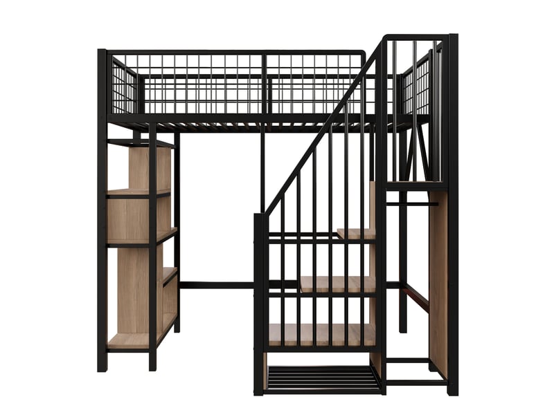  Lit mezzanine 90x200, lit mezzanine en métal noir avec escalier et étagères, lit mezzanine pour adulte et enfant, 204x143x170cm.  - Conforama A