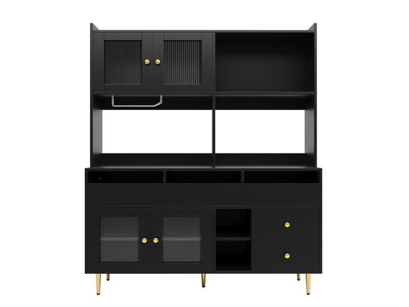  Meuble de cuisine muvano avec portes en verre strié, noir et décor doré, 145 × 39 × 171 cm  - Conforama A