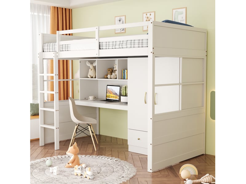 Lit mezzanine 90 × 200 cm avec bureau, armoire, tiroirs et échelle, sans matelas, blanc - Conforama C