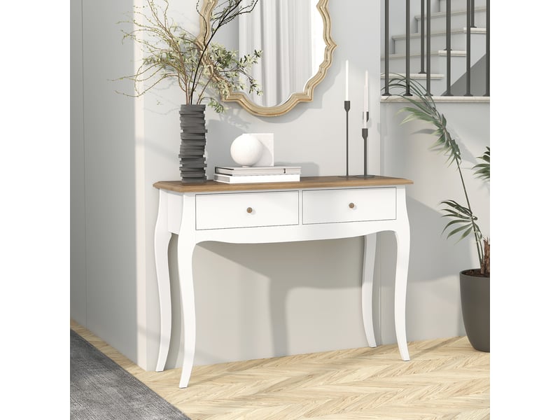  Console moderne avec 2 tiroirs en bois, 100 x 35 x 76,5 cm, blanc et marron foncé  - Conforama C