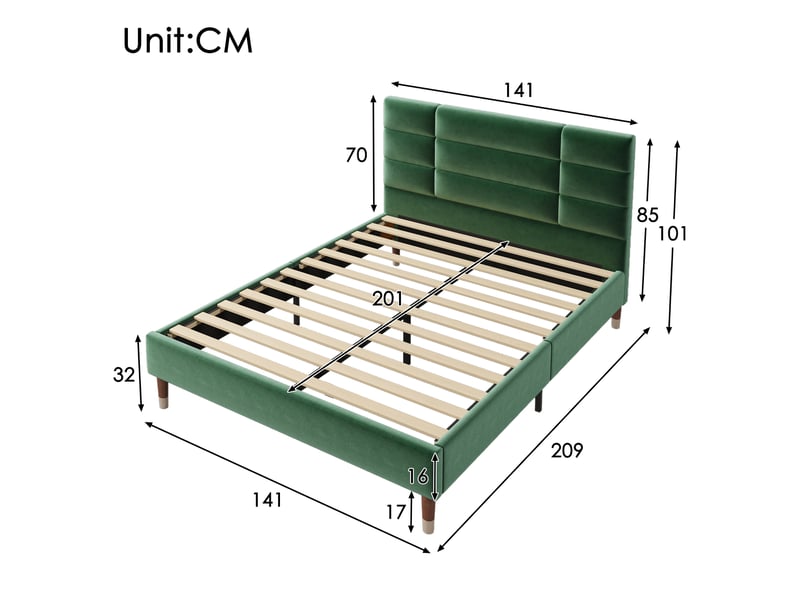  Lit 140x200 cm capitonné en velours vert – tête de lit, sommier à lattes et matelas à ressorts inclus  - Conforama E