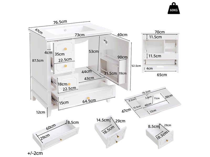  Meuble sous lavabo 76,5x47x87,5 cm avec lavabo mdf blanc  - Conforama E