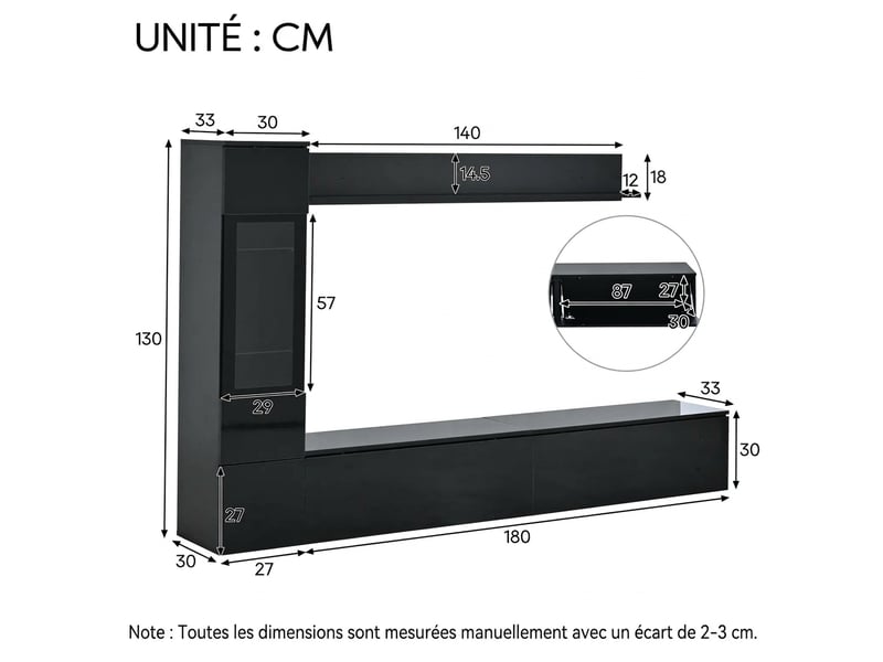  Ensemble meuble tv mural noir brillant 3 pièces led contrôlable pour écran jusqu'à 80 pouces  - Conforama C