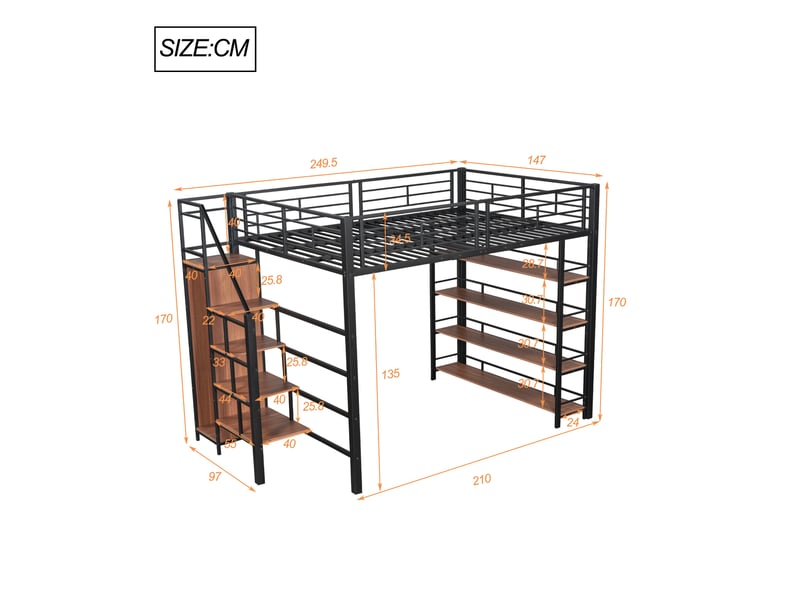  Lit mezzanine pour enfant 140x200 cm avec armoire, étagère, garde-corps, sommier, métal noir, sans matelas  - Conforama C