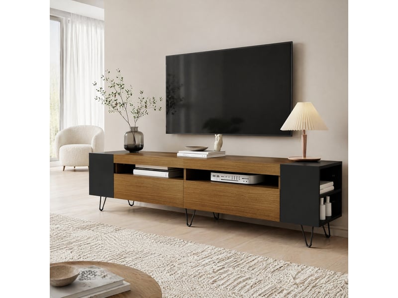  Meuble tv avec 2 portes et 4 niches pour salon 180×36×43 cm en mdf et panneaux de particules noir bois  - Conforama B
