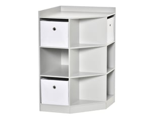 Étagère d’angle enfant grise, 3 bacs de rangement, meuble jouets, 57,4x57,4x94 cm, 3-12 ans