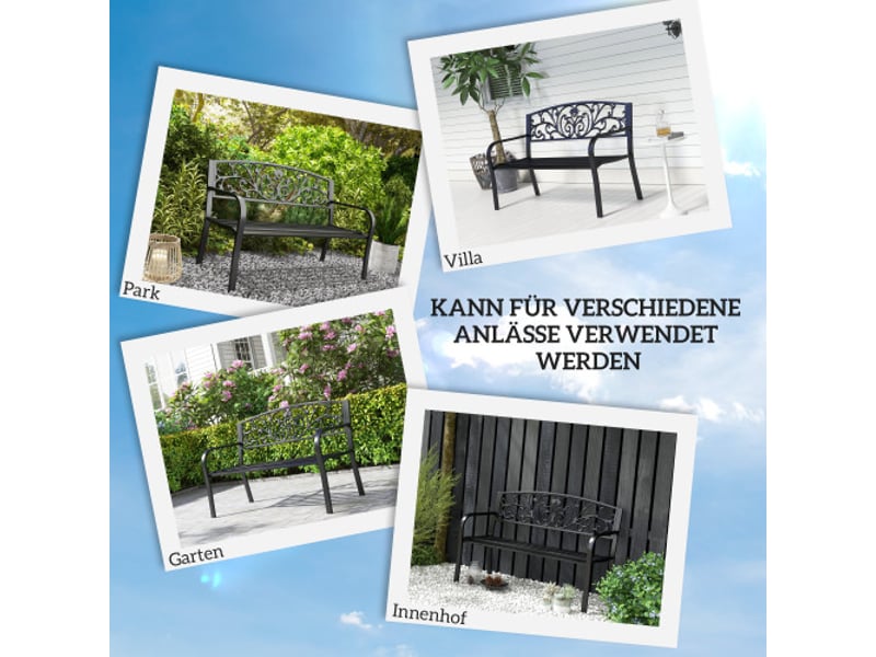 Banc de jardin 2 places en métal noir, dossier et accoudoirs, 250 kg, résistant aux intempéries, balcon et terrasse - Conforama E