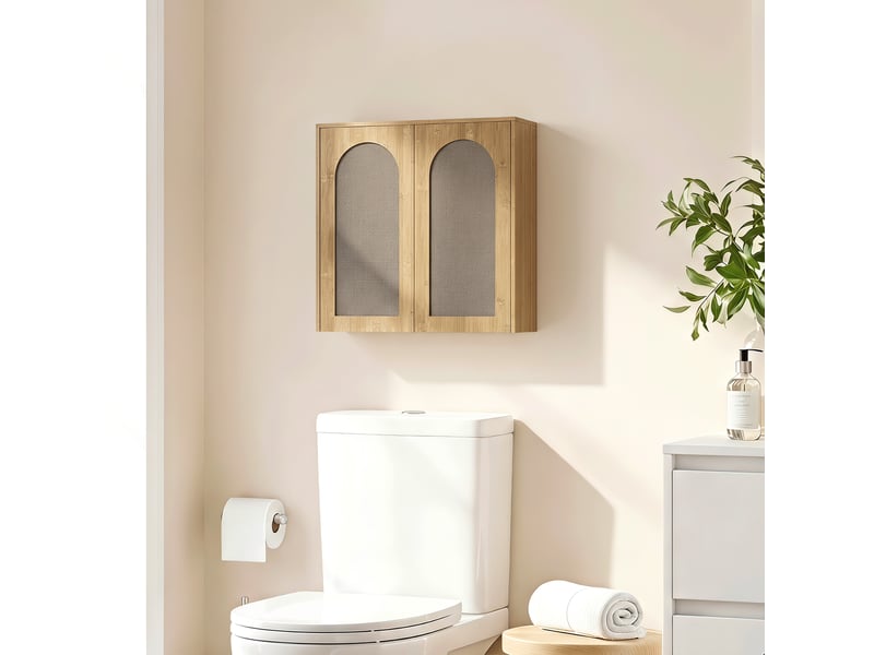 Armoire murale de salle de bain bohème avec 2 portes effet rotin à douce fermeture et étagère réglable, chêne - Conforama D