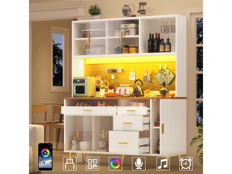  Meuble de cuisine muvano, buffet haut blanc avec éclairage led, portes vitrées coulissantes, 145 cm  - Conforama B