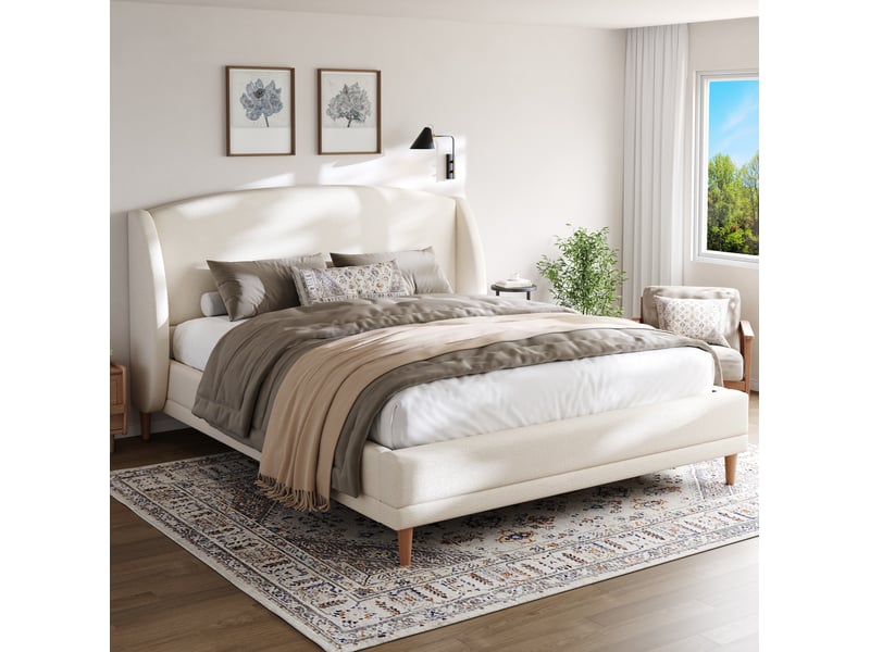  Lit 2 places 140x190 cm en tissu bouclé blanc ivoire avec tête de lit à oreilles  - Conforama D