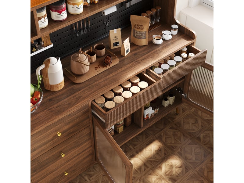  Buffet 145x39x171 cm moderne avec éclairage led et application, meuble de rangement avec panneau perforé, meuble haut, tiroir  - Conforama E