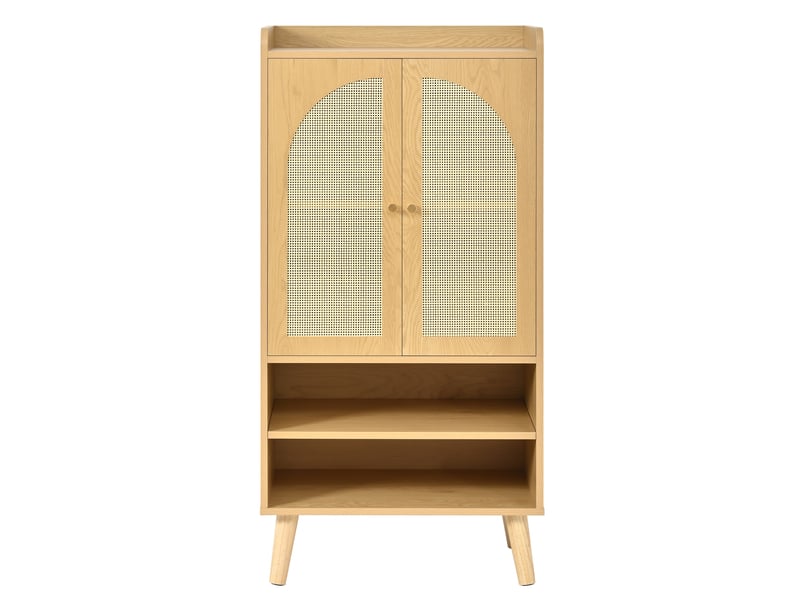 Buffet haut 60x40x121 cm naturel en panneaux de particules, 2 portes en rotin et 2 niches ouvertes de rangement - Conforama D