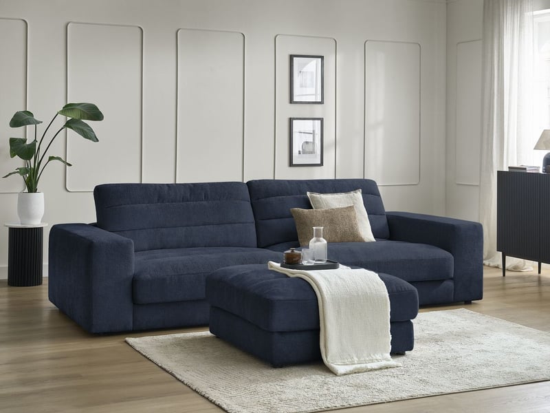  Bobochic canapé droit fixe 3 places sierra tissu texturé avec pouf bleu foncé SIERRA - Conforama B