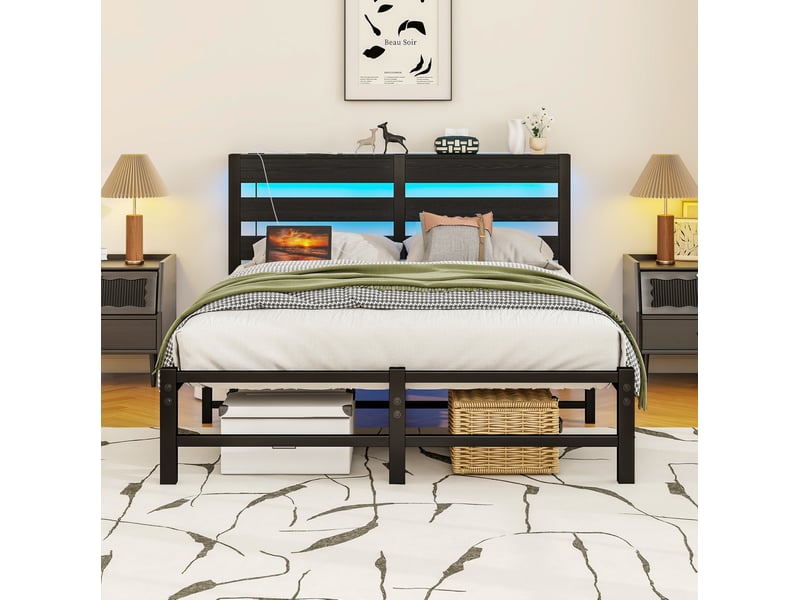  Cadre de lit, 120x200 cm, avec led intégrée, usb, 9 pieds, structure, matelas non inclus, métal et bois, coloris noir  - Conforama B