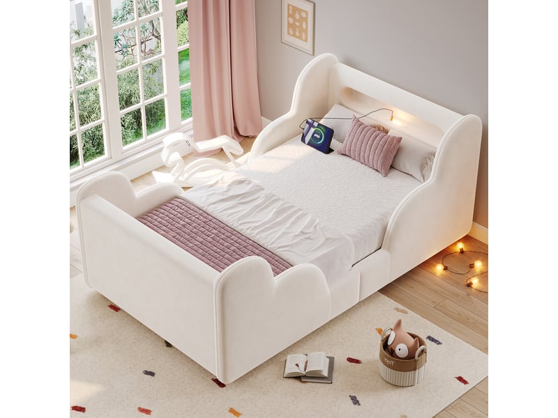  Lit enfant 90x200 cm rembourré avec barrière de sécurité, veilleuse led, port usb et rangements, pieds en bois massif, beige OPULERANE TRADING LTD - Conforama D