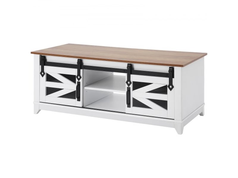  Table basse, 1210 x 560 x 481 mm, table de salon rectangulaire, 2 portes de grange coulissantes, table rustique en bois 2 niveaux, étagères amovibles, pour chambre, appartement, blanc et naturel  - Conforama B