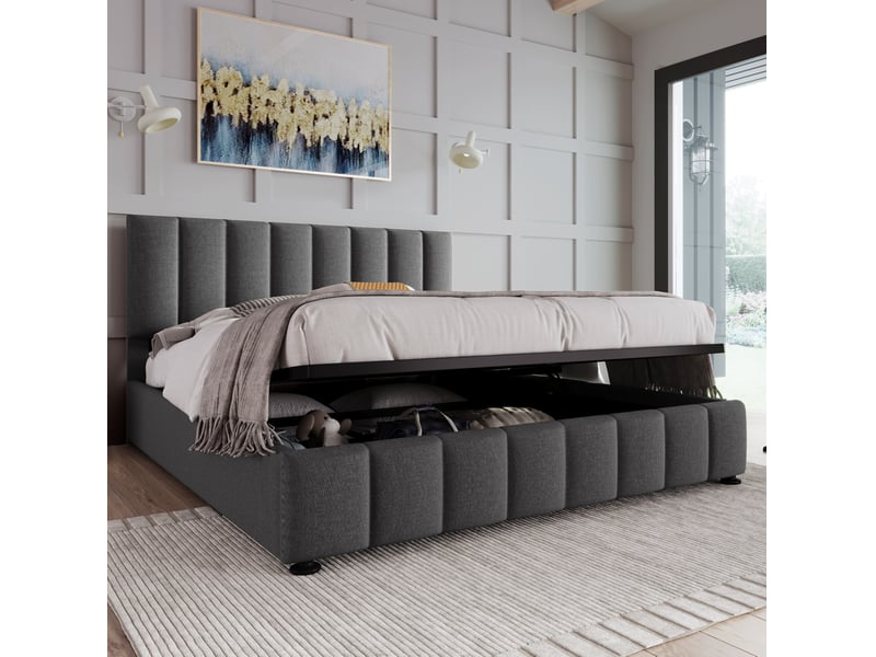  Lit coffre, 140x200 cm, hydraulique doté d’un espace de rangement, tête de lit réglable, matelas inclus, coloris gris  - Conforama E