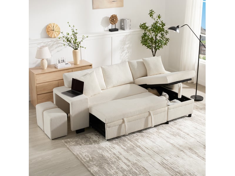  Canapé d'angle convertible modenvie 3 places velours côtelé beige rangement usb type-c 231 x 131,5 x 84 cm  - Conforama E