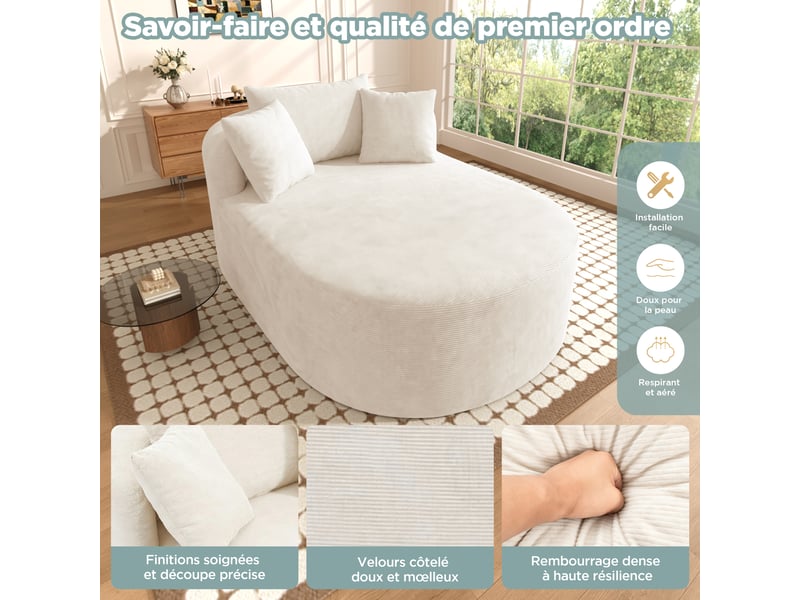  Fauteuil relax ovale compressé en velours côtelé, sans montage, assise profonde, beige clair  - Conforama D