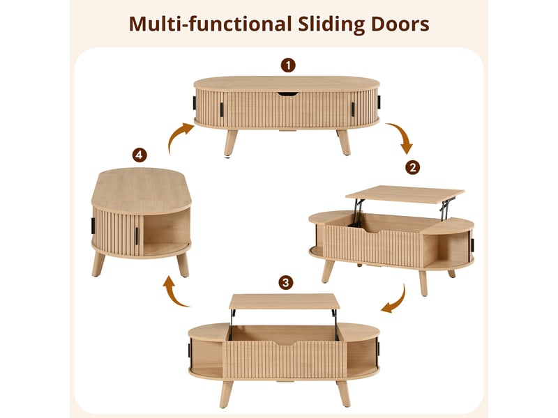 Table basse ovale relevable avec rangement caché et 2 portes coulissantes en mdf pour salon 110×50×53,5 cm naturel - Conforama E