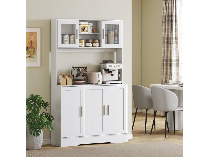  Vaisselier scandinave blanc, buffet de cuisine haut avec portes vitrées, meuble de rangement micro-ondes, étagères réglables, 108x35x180 cm  - Conforama D