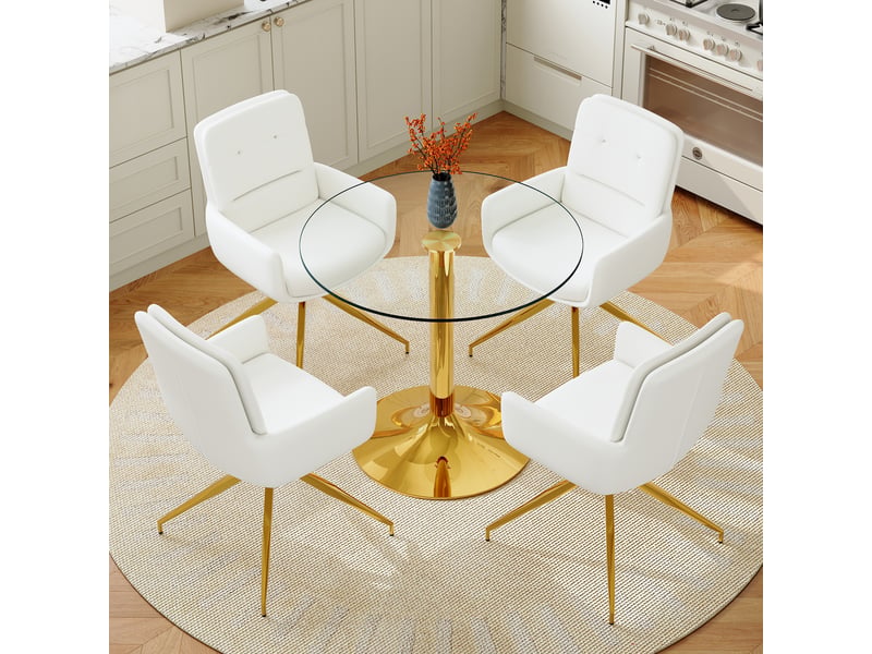  Ensemble table ronde et 4 chaises pivotantes, table ronde en verre trempé diamètre 85 cm, blanc et doré, salle à manger  - Conforama C