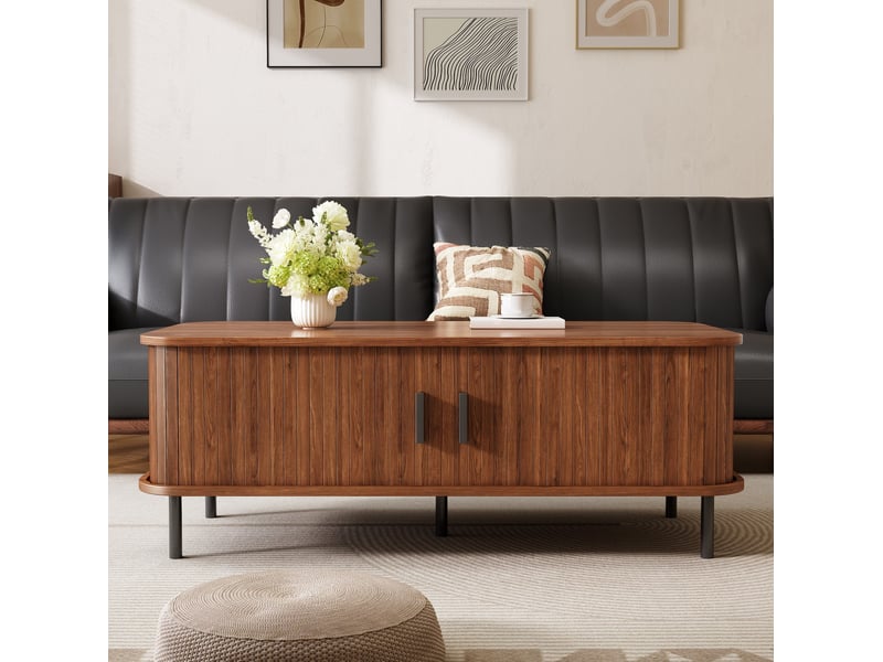  Table basse rectangulaire 100 x 50 cm avec 2 portes coulissantes, noyer, mdf  - Conforama E