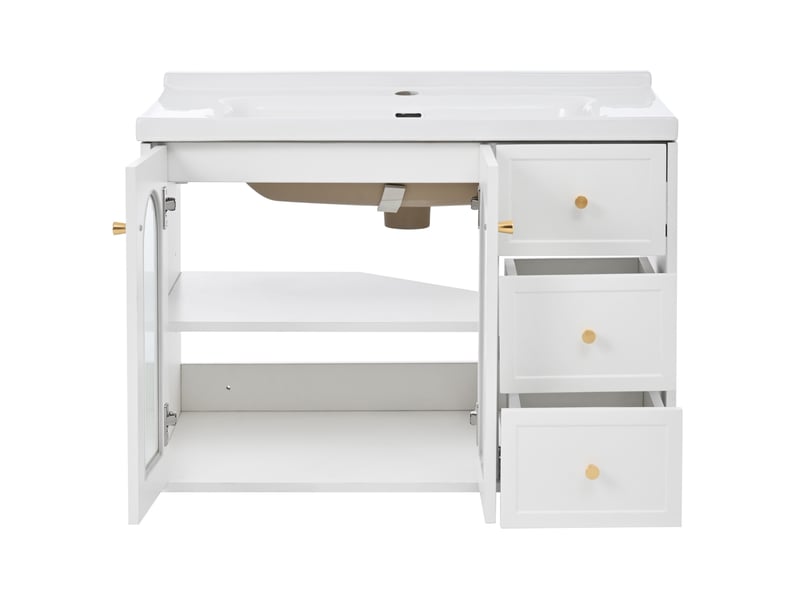 Meuble de salle de bain suspendu 80x50x58 cm, vasque, tiroirs, porte en verre ondulé, armoire de rangement, mdf blanc - Conforama A