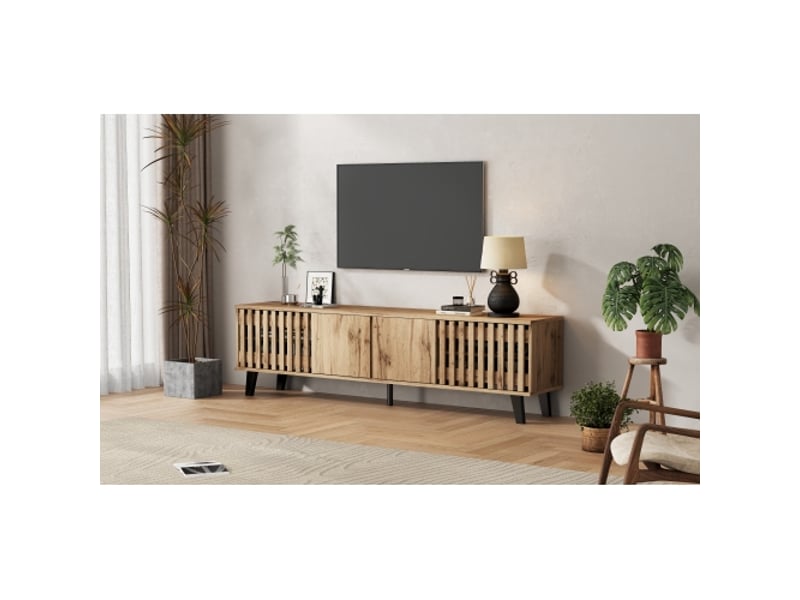  Meuble tv bas 180 cm bois naturel – 8 compartiments, pour écran 70 – design épuré  - Conforama W