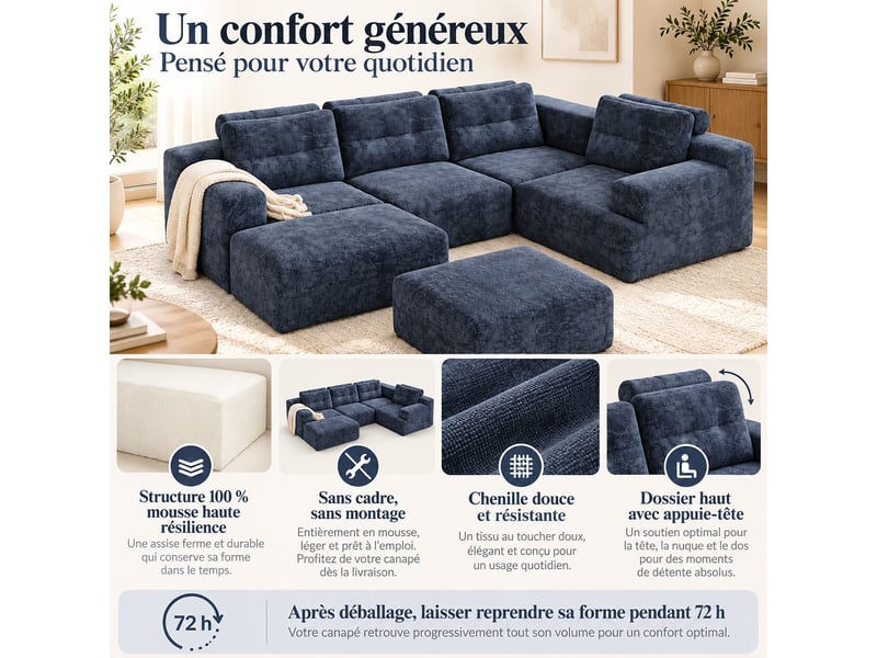 Canapé modulable panoramique 5 places en chenille, assise profonde, configuration l ou u, sans montage, 252 × 180 cm, bleu - Conforama E