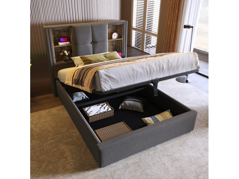  Modenvie lit coffre 90x200 cm - chargement sans fil, usb et rangement, matelas inclus - gris  - Conforama D
