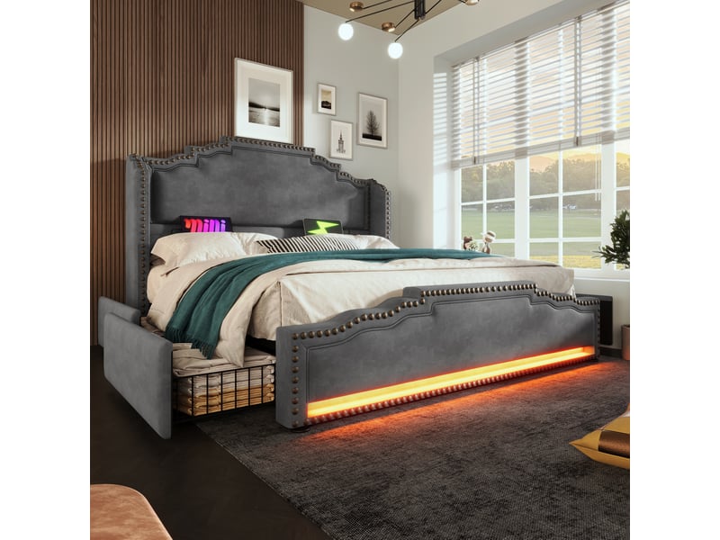  Modenvie lit coffre 180x200 cm - led, usb-c, 4 tiroirs, sommier inclus, sans matelas - gris  - Conforama E