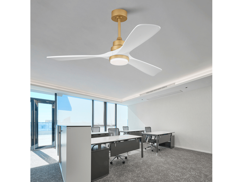  Ventilateur de plafond 52 pouces avec lumière, télécommande, moteur dc silencieux, bois massif, or et blanc  - Conforama E