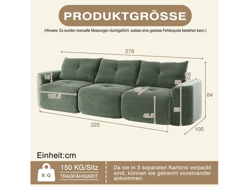 Canapé modulable 3 places 279x100x84 cm en velours côtelé vert sauge - Conforama C