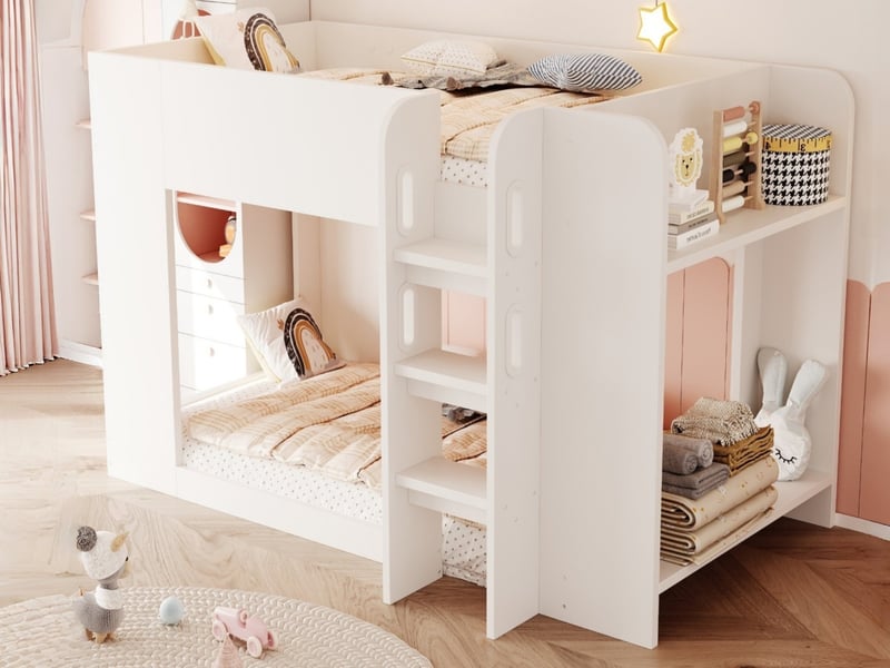  Lit superposé pour enfants, 90 x 200 cm, avec barrière de sécurité et échelle sécurisée, étagère latérale à deux niveaux, blanc  - Conforama B