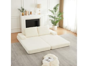 Canapé beige convertible modulable 211 cm en velours côtelé, 2 dossiers triangulaires mobiles, 2 accoudoirs am ovibles, 2 coussins, couchage d’appoint beige