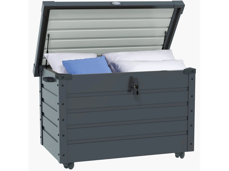 Coffre de rangement extérieur 295 l à structure en acier galvanisé gris, à roulettes et verrouillable - Conforama A