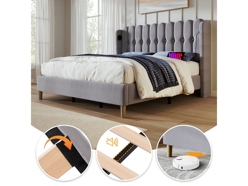  Lit double 160x200cm, port de charge usb, type-c, style épuré, design à boutons, incluant un matelas, lin, gris  - Conforama R
