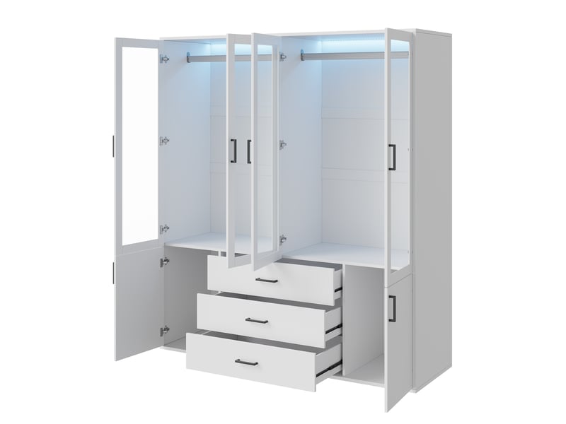  Armoire de penderie 4 portes transparentes avec tiroirs - 160 x 51,8 x 182 cm - blanc - meuble de rangement - éclairage led  - Conforama D